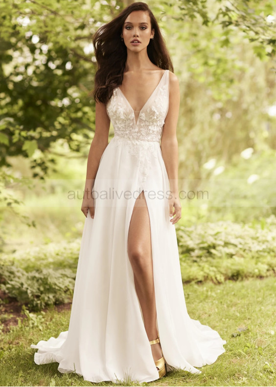 V Neck Ivory Lace Organza Slit Flowing Wedding Dress